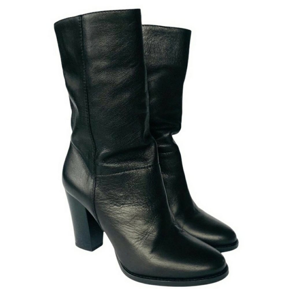 JIMMY CHOO Black Leather Music Pull On Mid Calf Boot